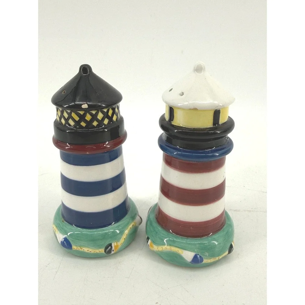 Lighthouse Salt and Pepper Shakers Nautical Multicolor Ceramic Set Coastal